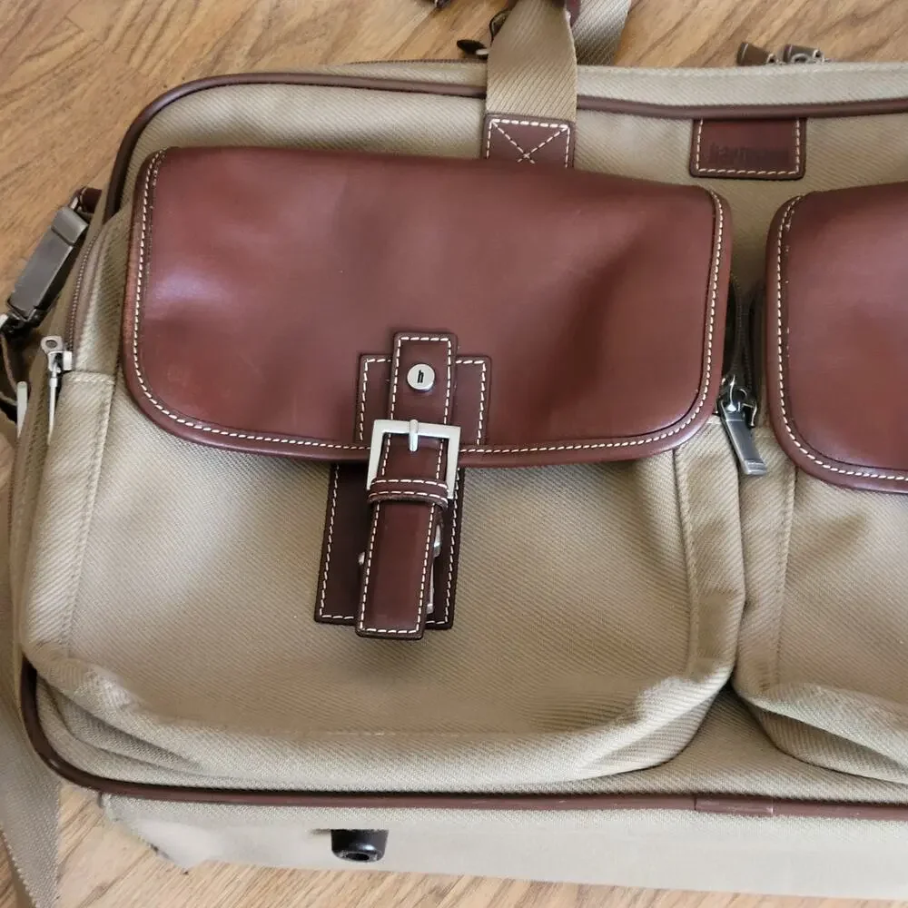 Vtg Hartmann Ziptop Canvas and Leather Briefcase Hudson Collection Tan and Brown